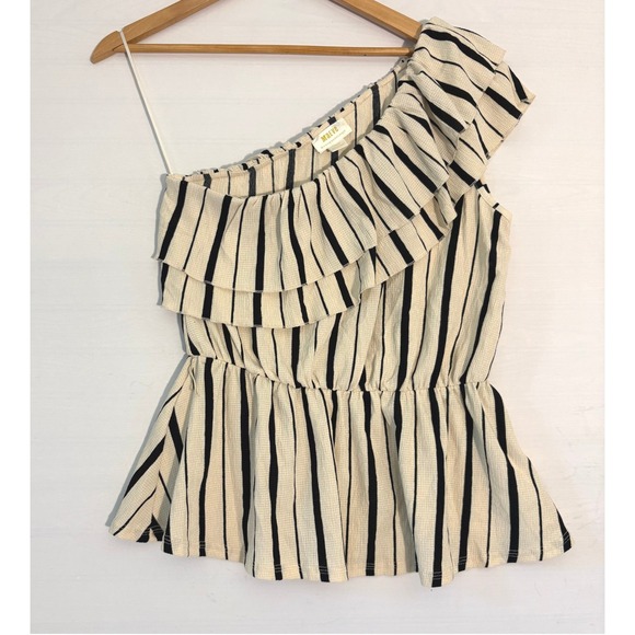 Maeve by Anthropologie Tops - Maeve Anthropologie One Shoulder‎ Ruffle Peplum Top Striped Cream Black Medium